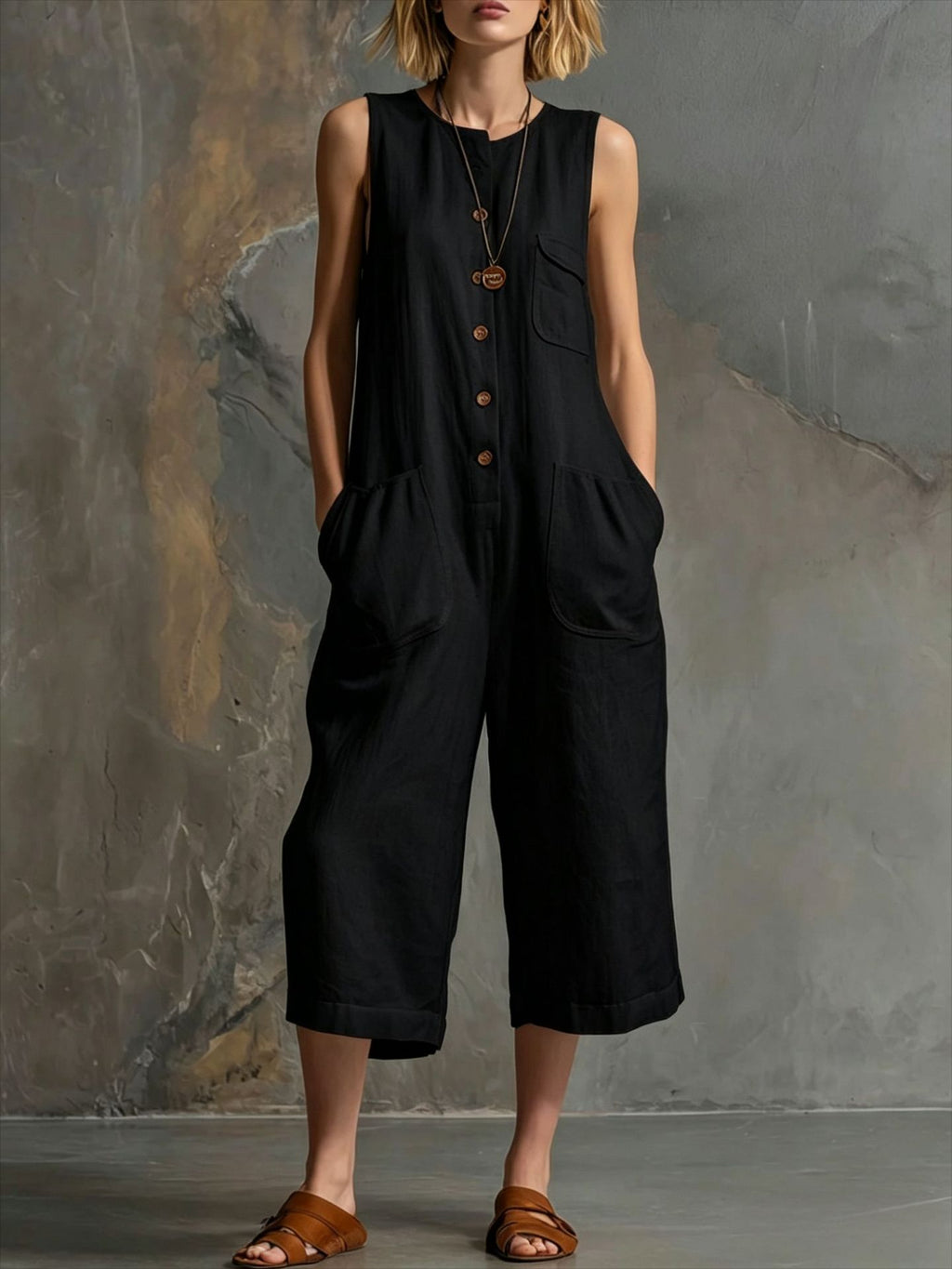 Person wearing a black sleeveless jumpsuit against a textured wall.