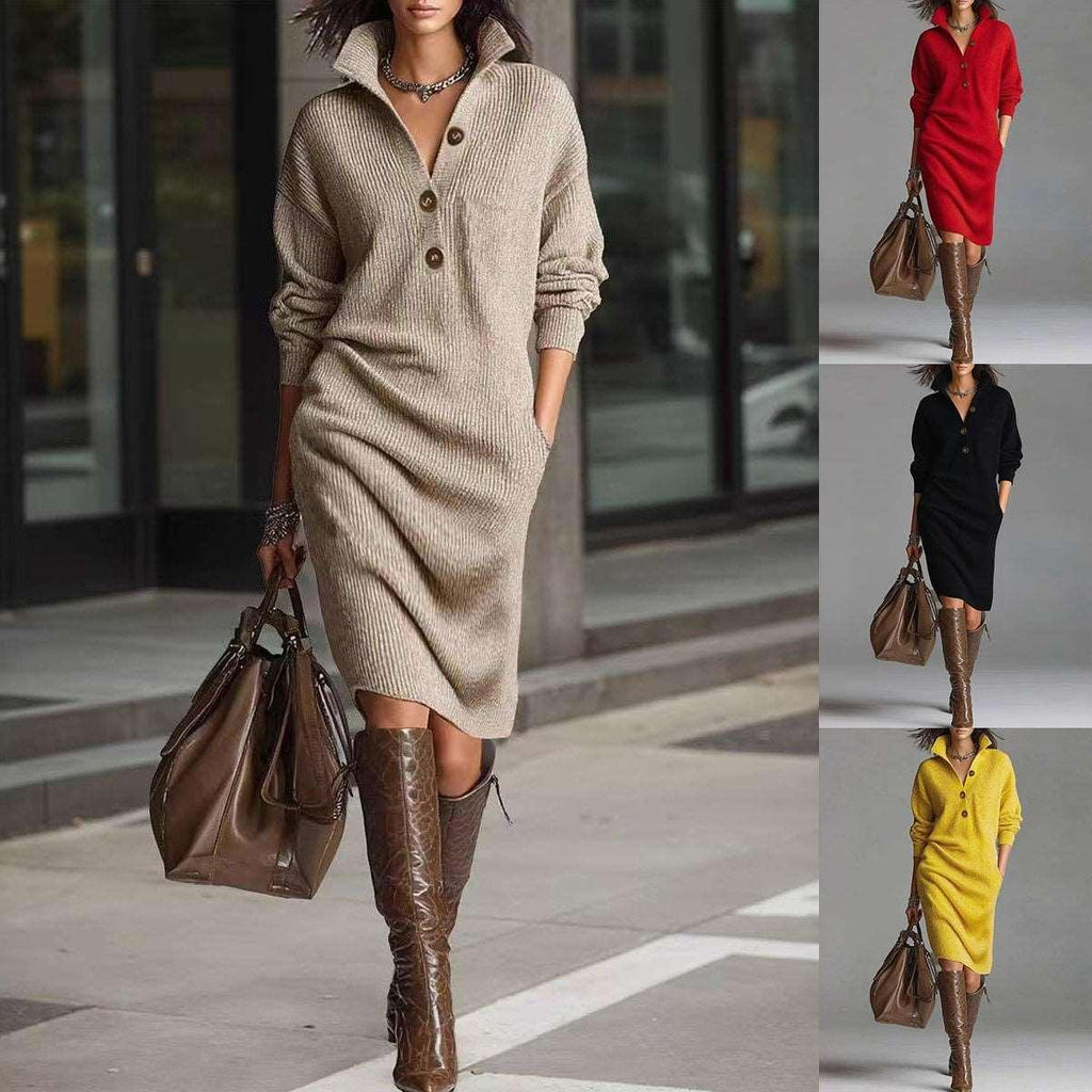 Winter Sweater Dress Women – Warm Long-Sleeve V-Neck Pullover - ZA-Zola
