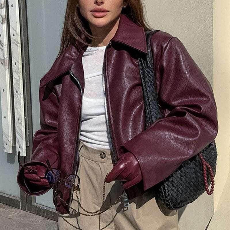 Shop Solid Color Lapel Zipper Jacket for Women | Casual Leather Coat - ZA-Zola