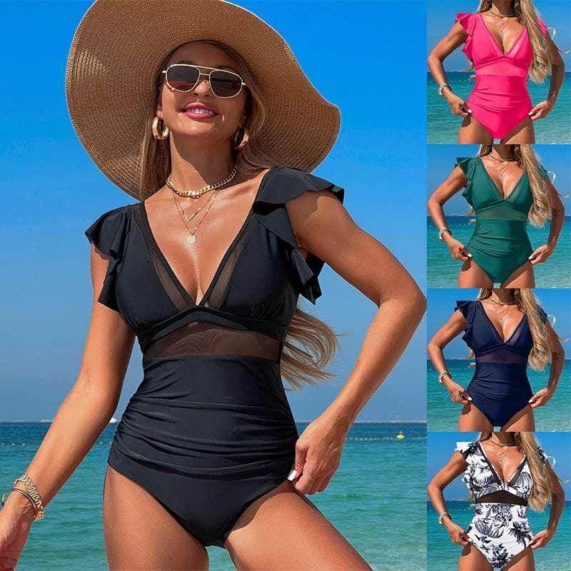 Black Ruffled Sleeve V-Neck Swimsuit | ZA-Zola - ZA-Zola