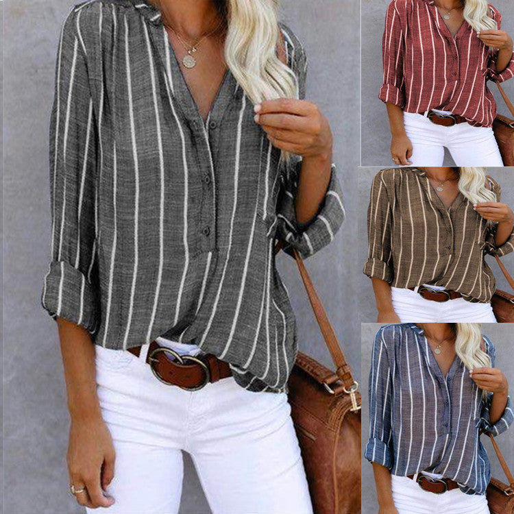Woman wearing a striped shirt with white pants and a brown bag, with inset images of different striped shirts.