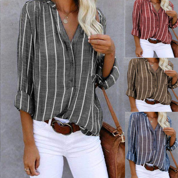 Woman wearing a striped shirt with white pants and a brown bag, with inset images of different striped shirts.