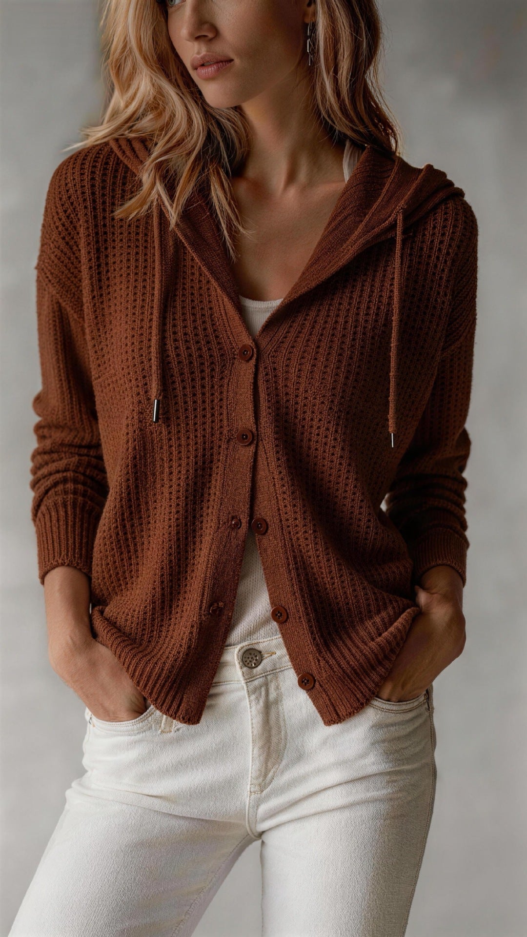Woman wearing a brown knitted hoodie and white pants against a neutral background