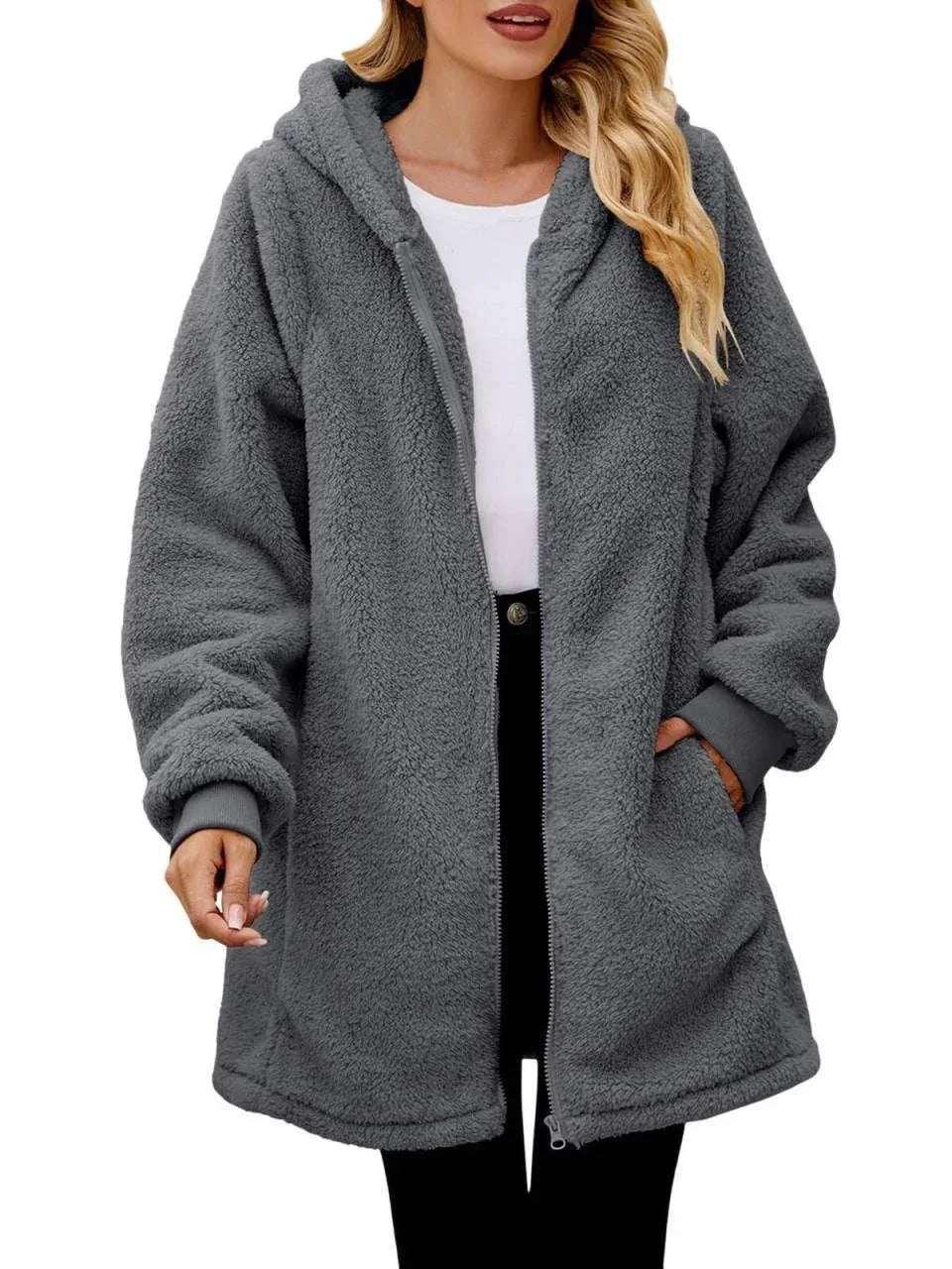 Women’s Plush Zip Hoodie Coat – Loose Long Sleeve Jacket - ZA-Zola