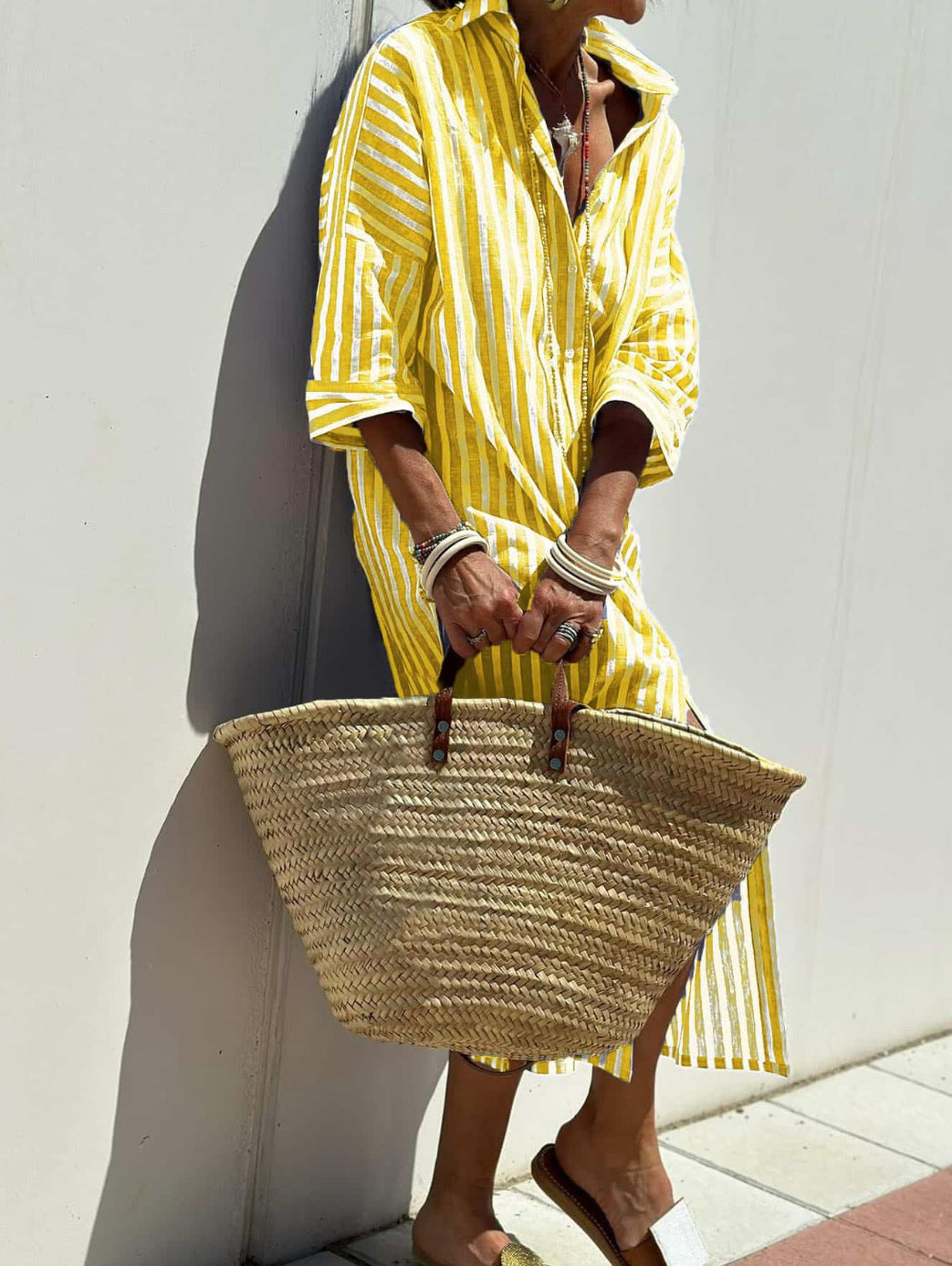 Striped Shirt Dress with Belt Half Sleeve Lapel Button Cardigan Dress Women's Fashion Clothing