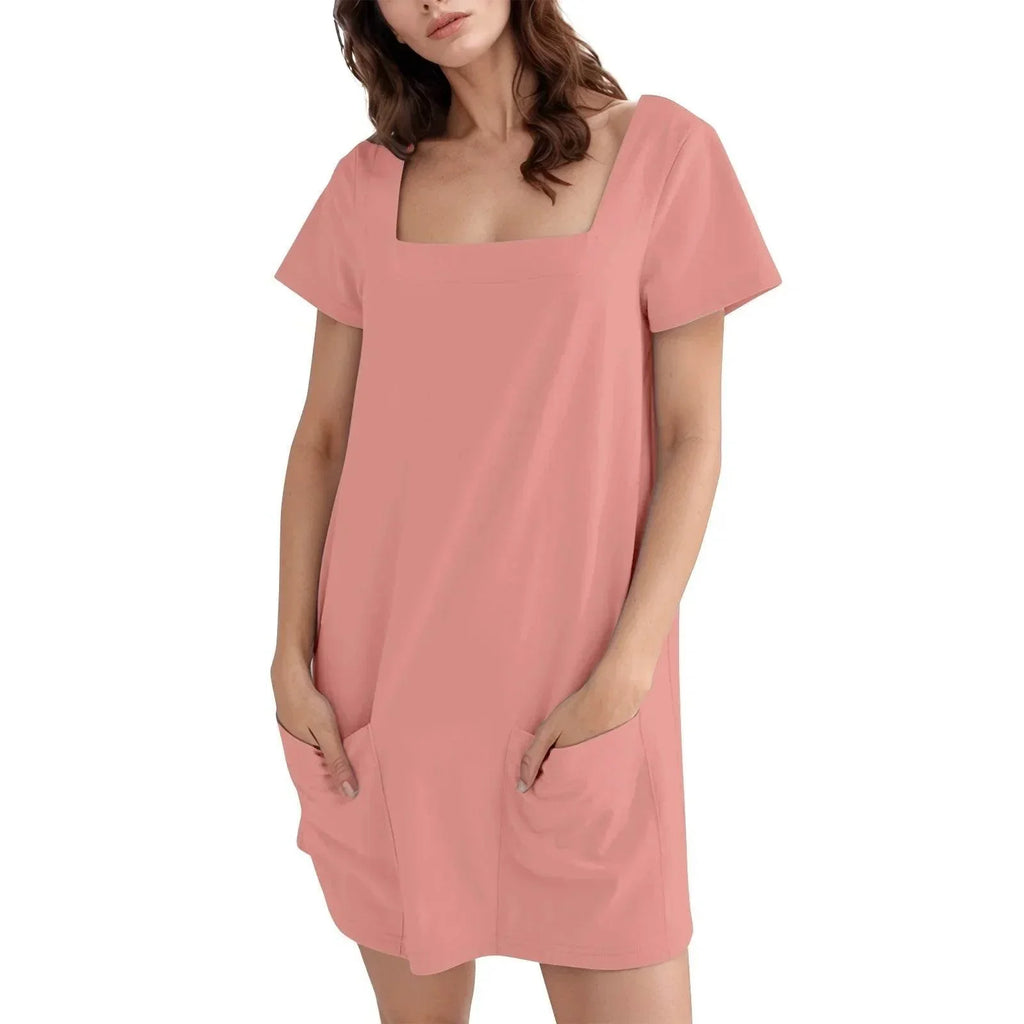 Square Collar Casual Short Dress with Pockets - ZA-Zola