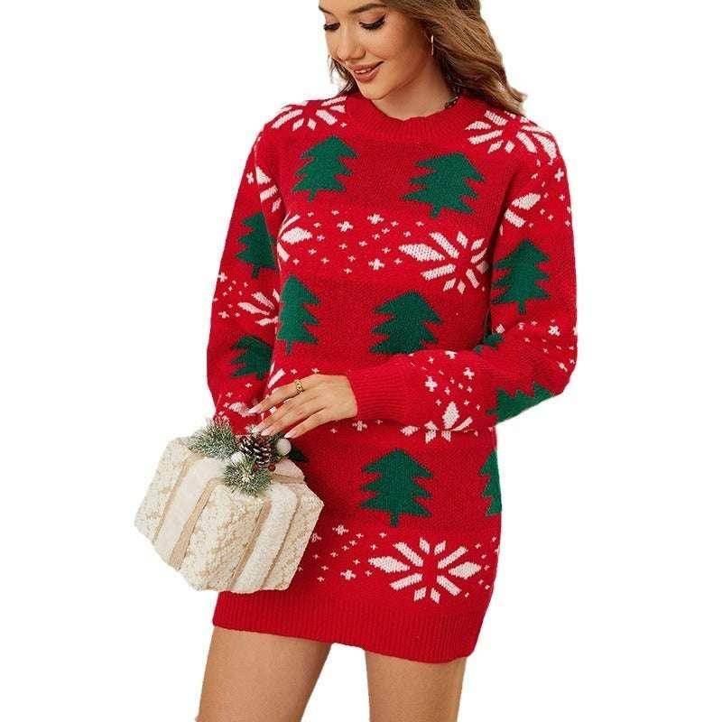 Christmas Red Jacquard Sweater Dress – Festive & Cozy - ZA-Zola