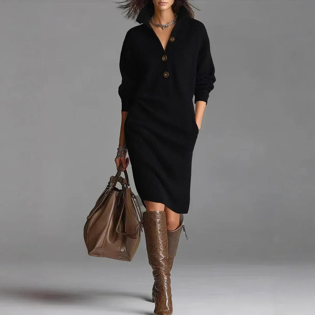 Winter Sweater Dress Women – Warm Long-Sleeve V-Neck Pullover - ZA-Zola