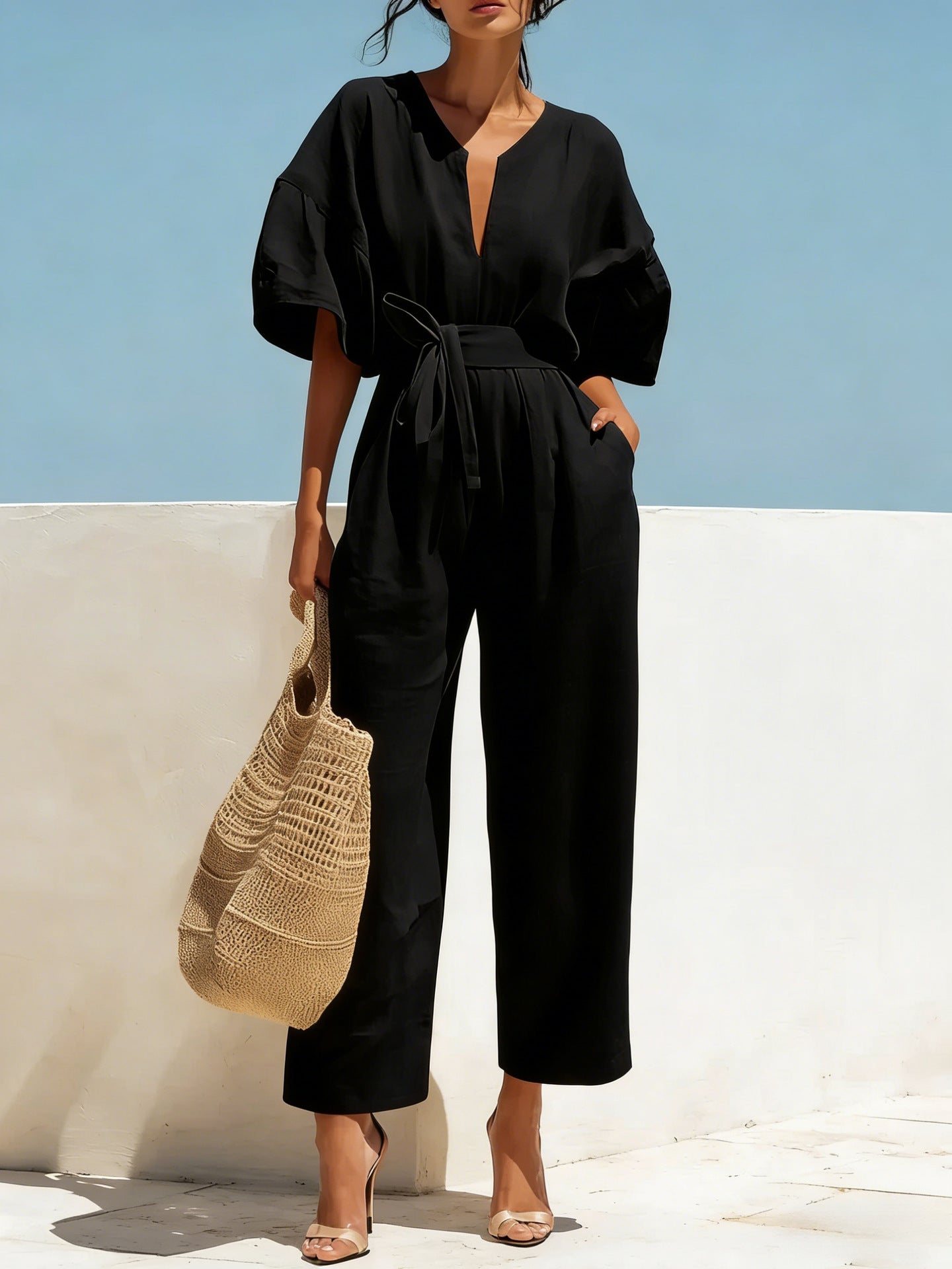 Fashionable V-Neck Cotton Linen Jumpsuit for Women – Solid Color Wide Leg