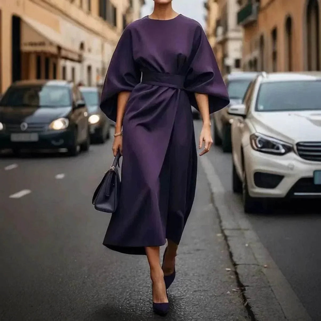 Loose Batwing Sleeve Waist-Tight Dress - ZA-Zola