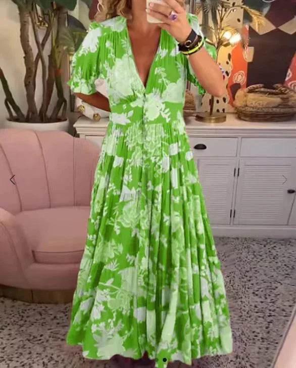 Printed V-Neck Maxi Dress – Flowy & Fresh - ZA-Zola