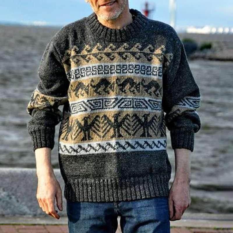 Digital Print Striped Patchwork Round Neck Sweater - ZA-Zola