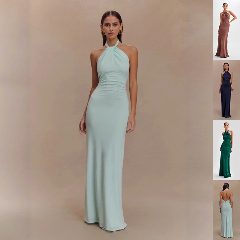 Woman wearing a light blue halter neck gown on a beige background with inset images of the dress in different colors.