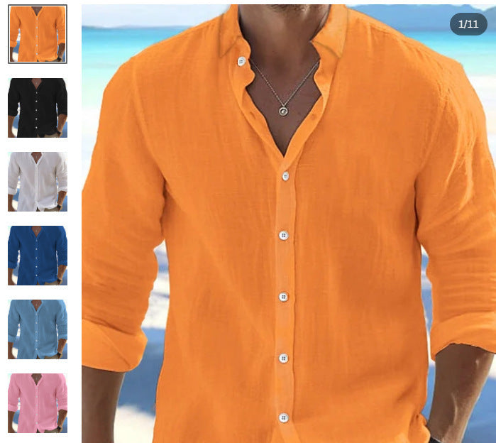 Orange button-up shirt worn by a model with a beach background