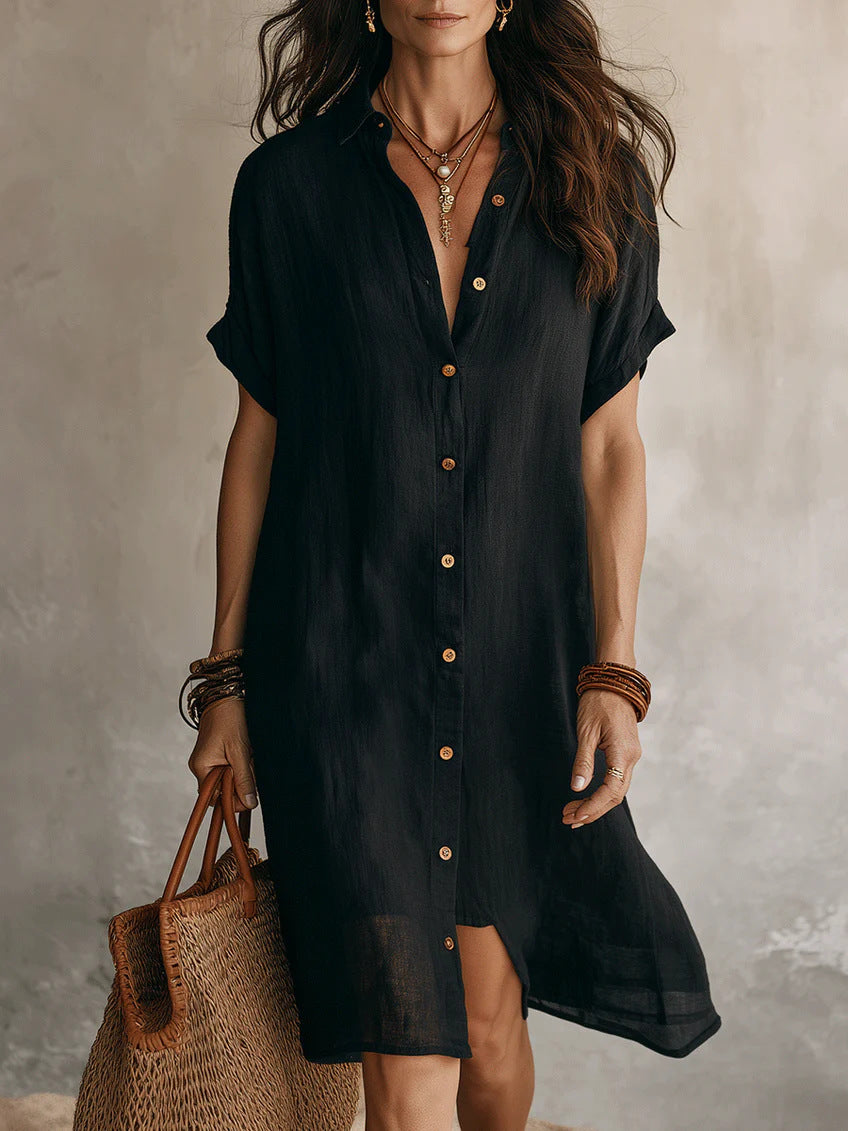 Women's Short Sleeve Buttoned Midi Shirt Dress – Casual Polyester Fashion Dress