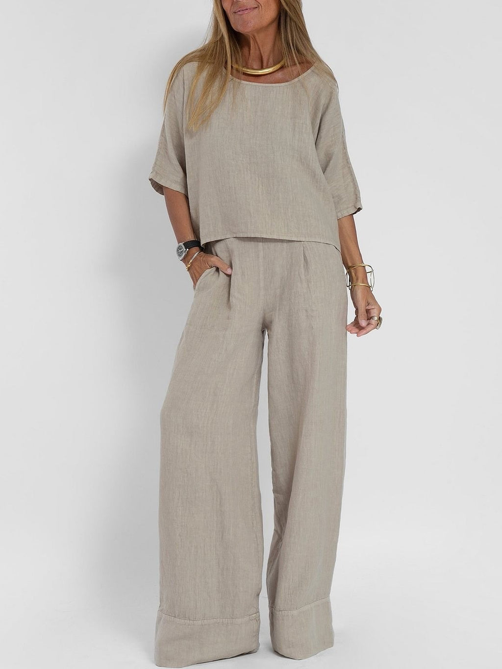 Cotton Linen Casual Pants Suit | Wide Leg