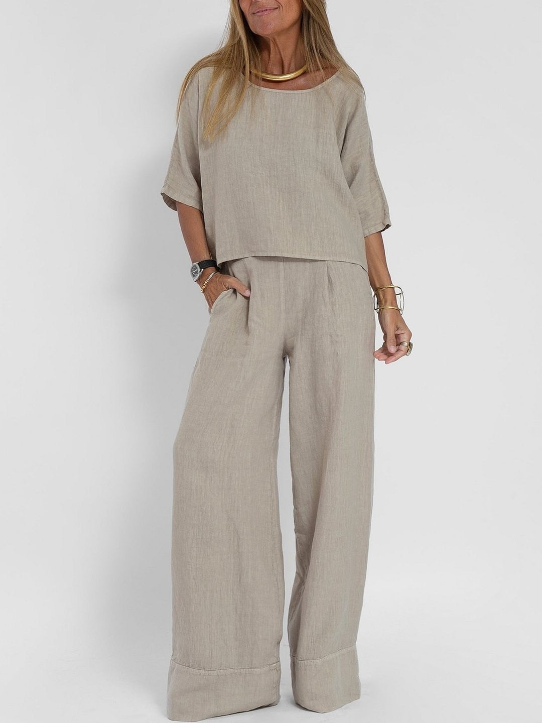 Cotton Linen Casual Pants Suit | Wide Leg