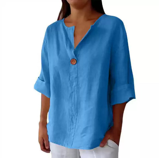 V-Neck Long Sleeve Cotton Linen Button Top Women