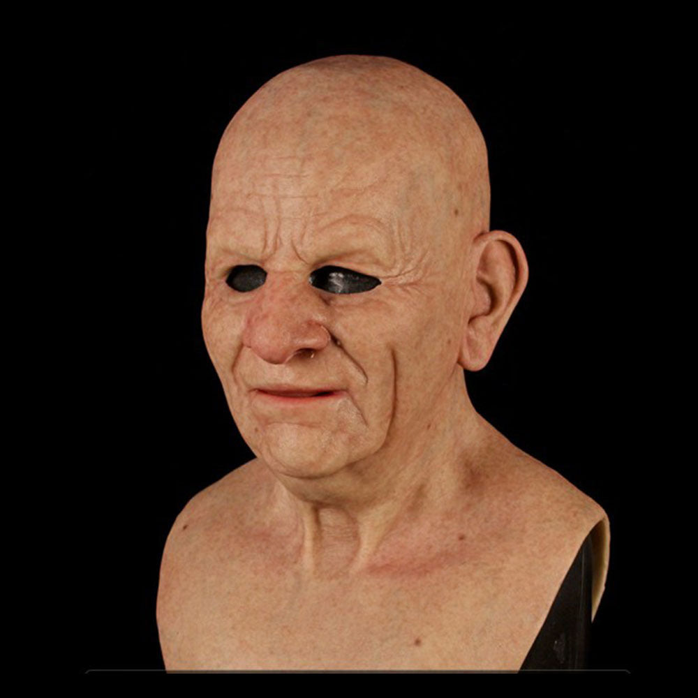 Bust of an elderly man with a black eye on a black background