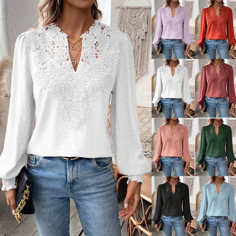 Woman wearing a white lace blouse and blue jeans with multiple color options displayed.
