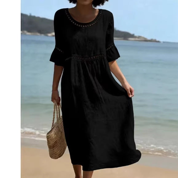 Elegant Casual Crew Neck Three Quarter Sleeve Solid Color Dress for Women