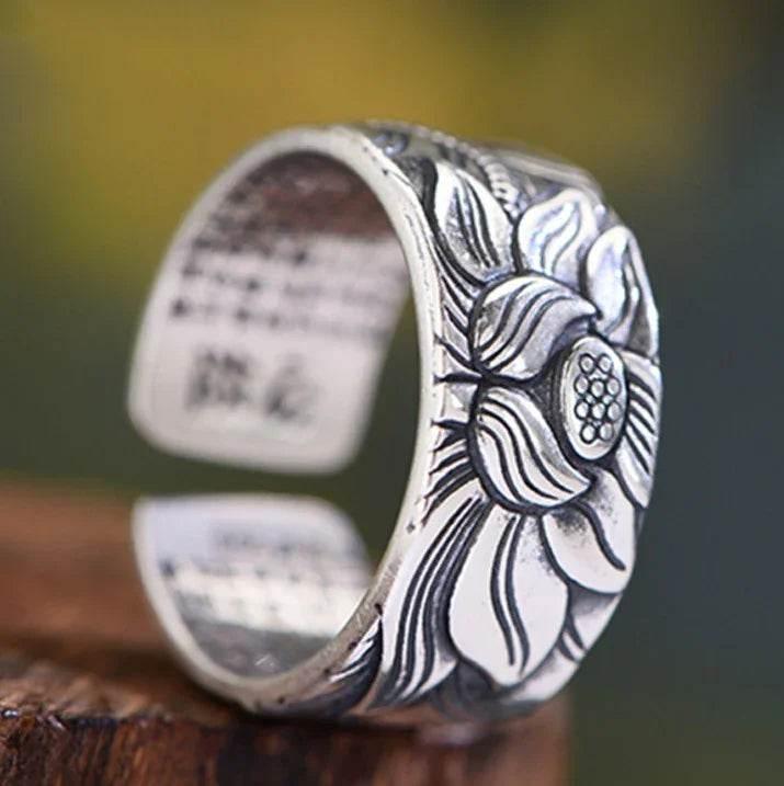 Thai Silver Black Lotus Heart Sutra Ring - ZA-Zola