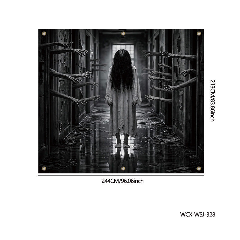 A black and white horror-themed wall decal or poster featuring a girl in a long dress standing in a dark hallway with multiple hands reaching out from the walls. The image includes printed dimensions and a product code on a white background.