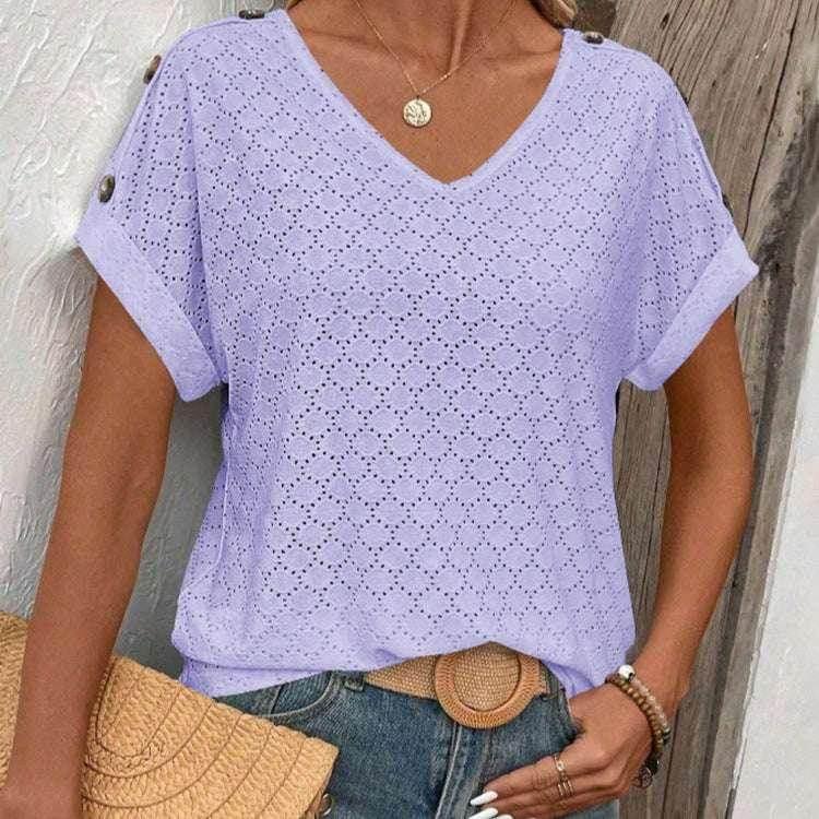 Button Jacquard Loose Summer T-Shirt for Women - ZA-Zola