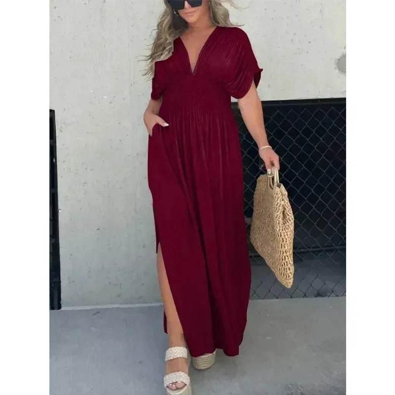 V-Neck Bat Sleeve Slit Dress – Summer Long Dress - ZA-Zola