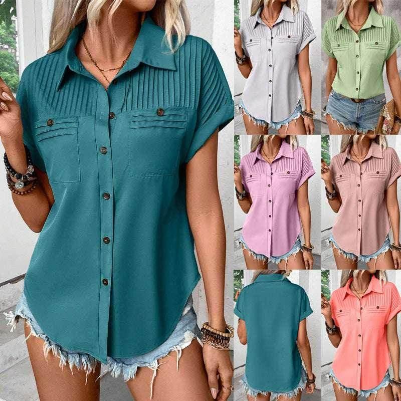 Pleated Pocket Lapel Short Sleeve Top for Women - ZA-Zola
