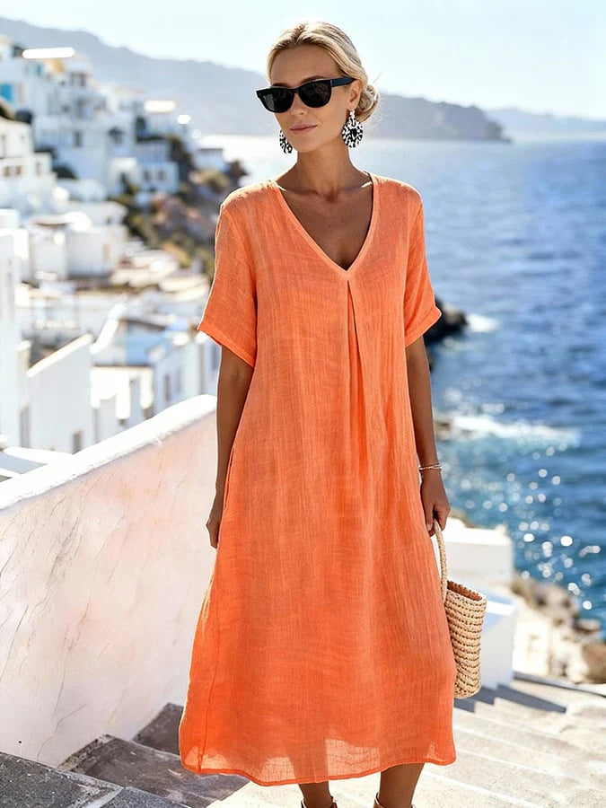 Casual Loose Fit V Neck Floor Length Dress Women Short Sleeve Solid Color Relaxed Cotton Linen Style Maxi Dress