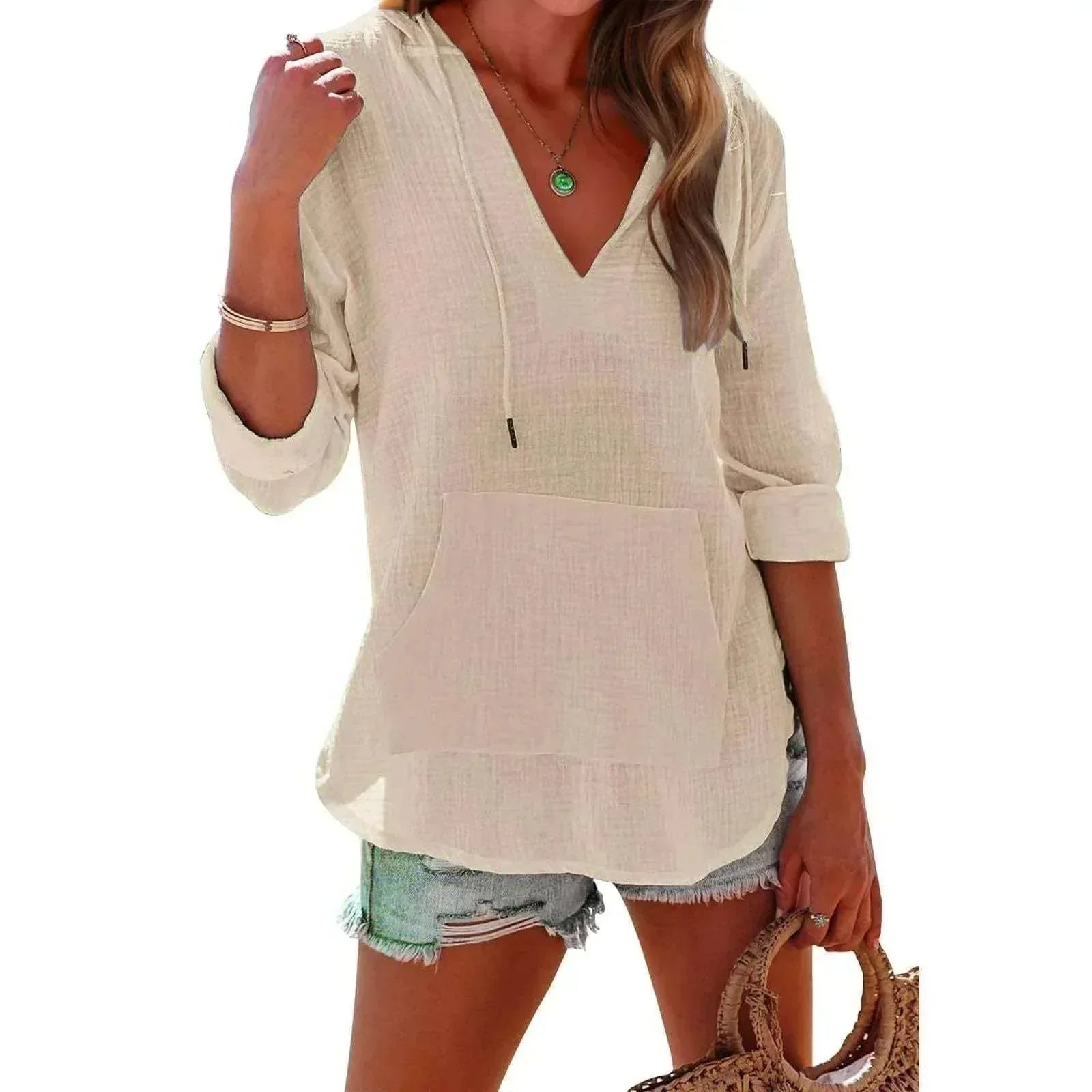 Women's V-Neck Hooded Cotton Split Shirt - ZA-Zola