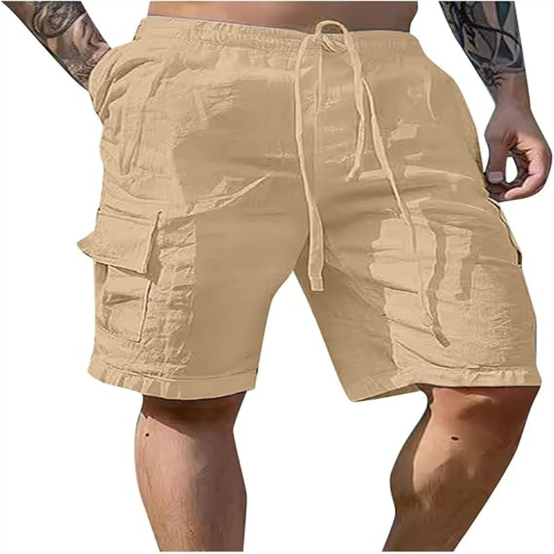 Beige shorts with drawstring on a white background