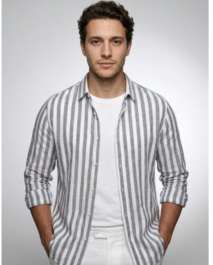 Striped Long Sleeve Casual Shirt Men - Loose Fit Polyester