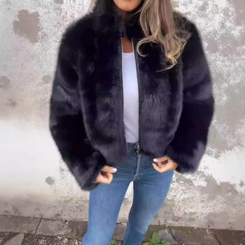 Winter Plush Stand Collar Jacket – Fleece Zipper Coat for Women - ZA-Zola
