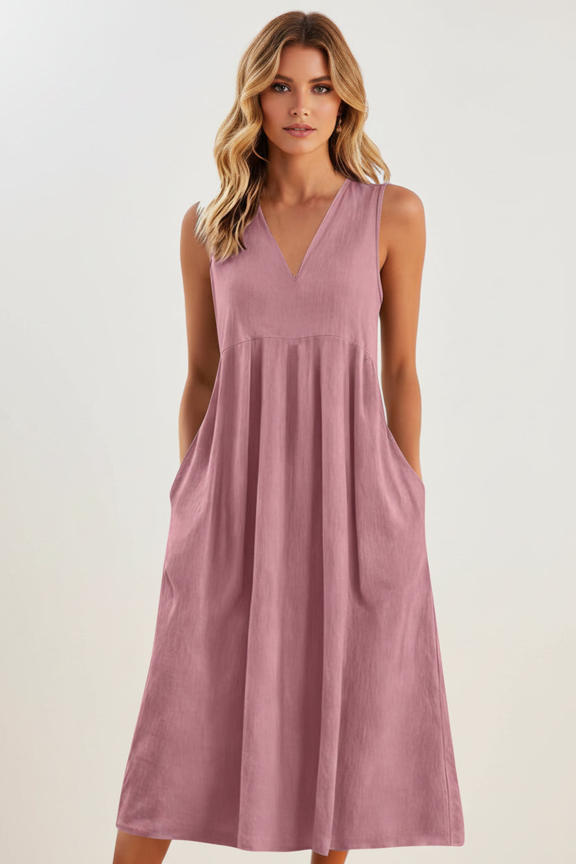 Mauve sleeveless dress worn by a person on a white background