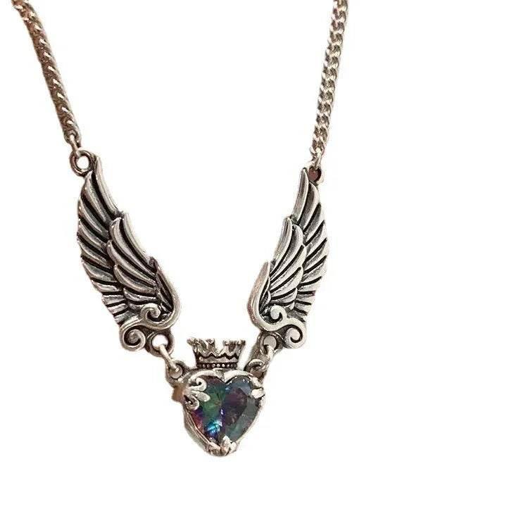 Vintage Gothic Heart Crown Necklace for Women – Angel Wings - ZA-Zola