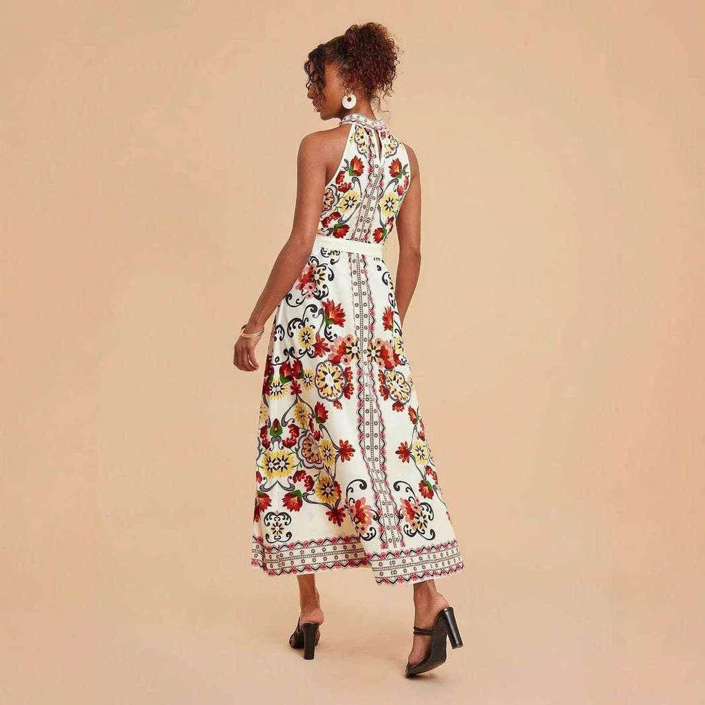 Floral Lace-Up Sleeveless Mid-Length Dress - ZA-Zola