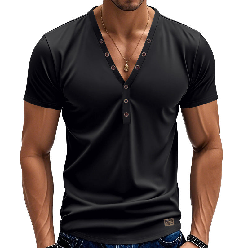 Black henley shirt worn by a person on a white background