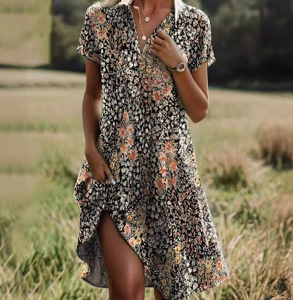 Woman wearing a floral dress standing in a field