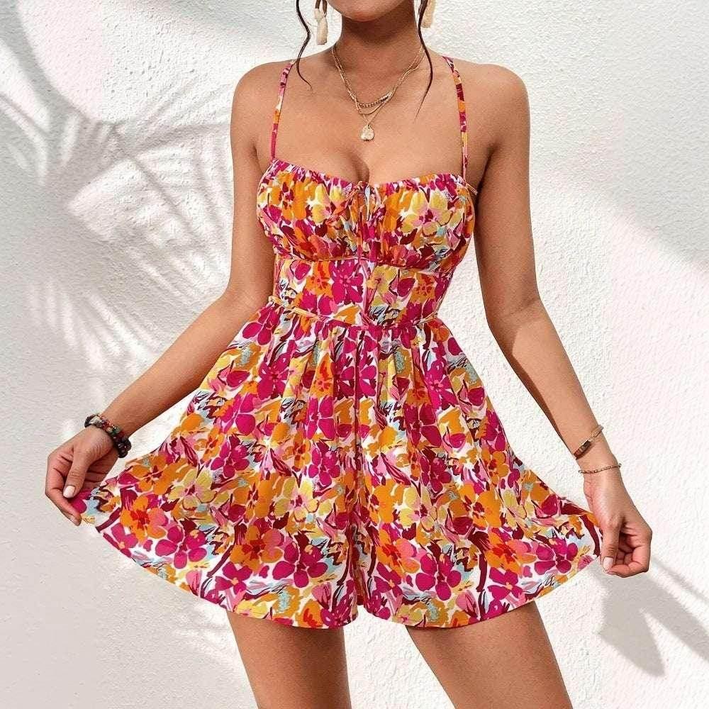 Women's Floral Print Lace-Up Back Dress – Summer Holiday Style - ZA-Zola