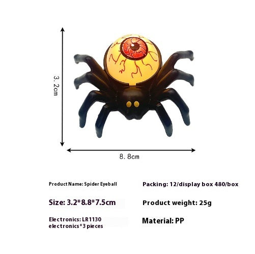 Spider eyeball toy with dimensions and product details on a white background
