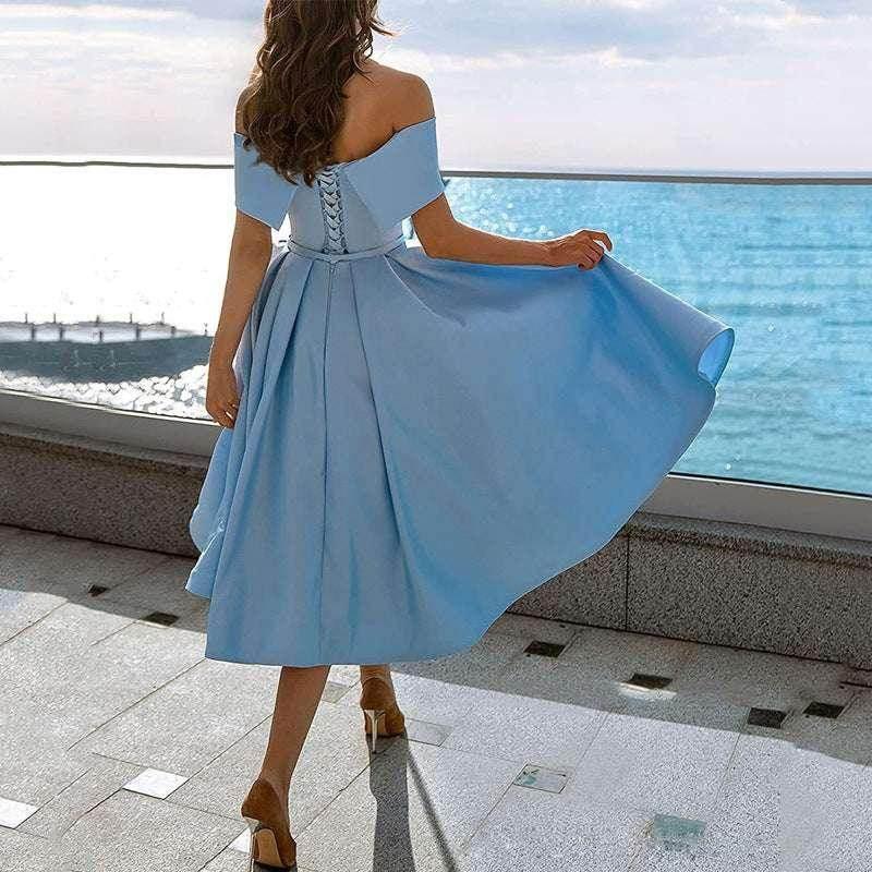 Off-Shoulder Satin Tea-Length Party Dress - ZA-Zola