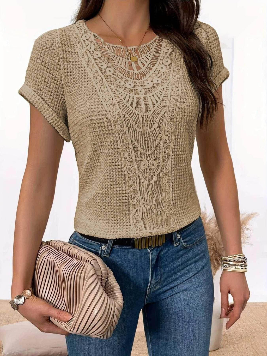 Hollow-Out Ethnic Style T-Shirt for Women - ZA-Zola