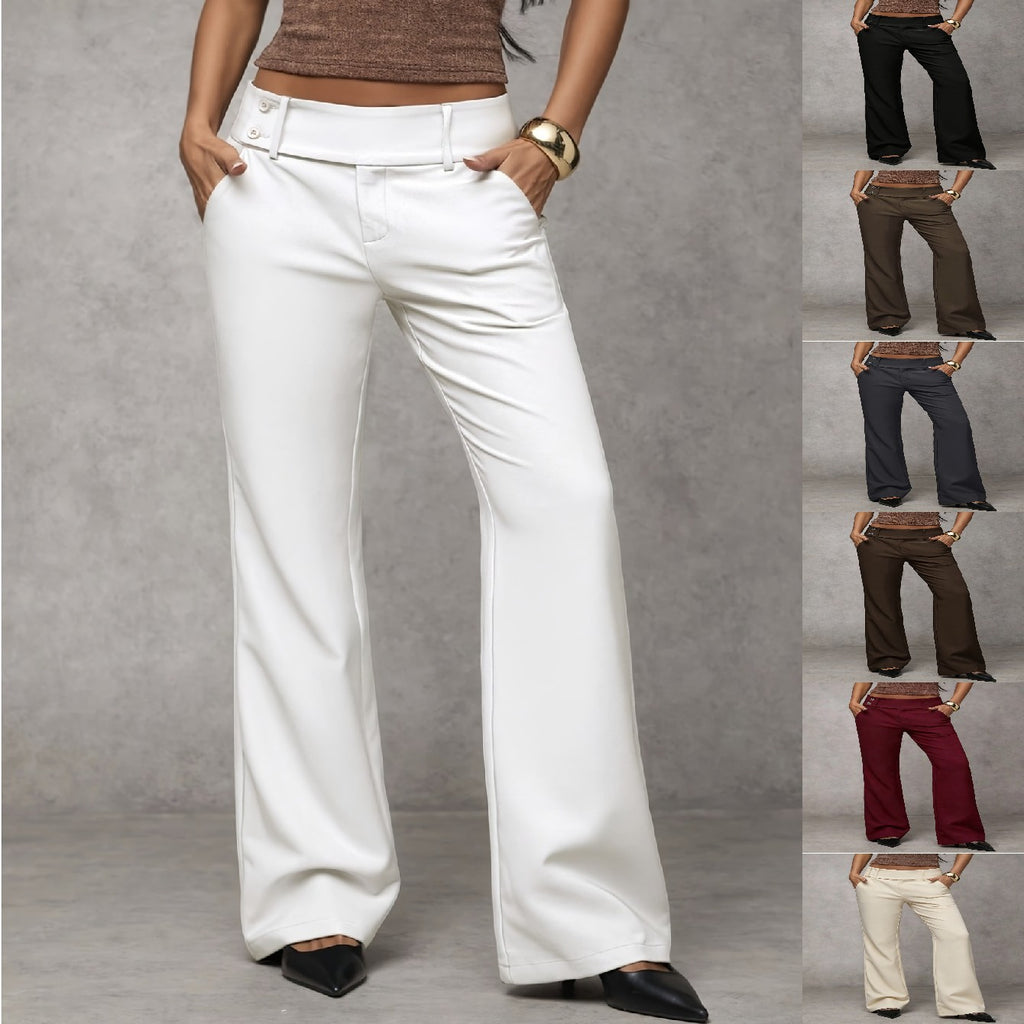 White wide-leg pants displayed on a model with color options shown below.