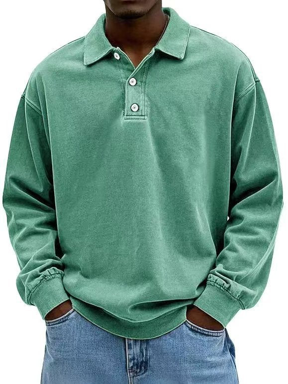 Green long-sleeve polo shirt worn by a person on a white background