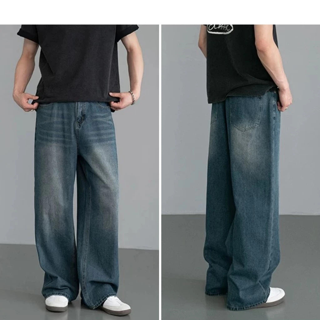 Person wearing wide-leg jeans from different angles on a gray background