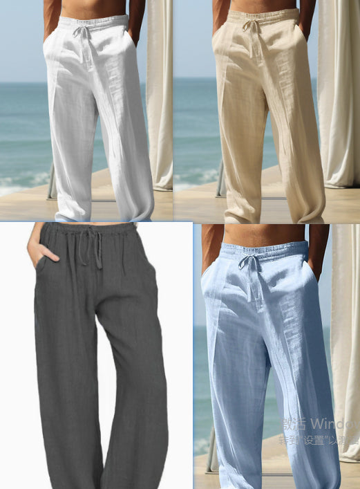 Four views of women's wide-leg drawstring pants in white, beige, dark gray, and light blue, shown on a beach and against a plain background.