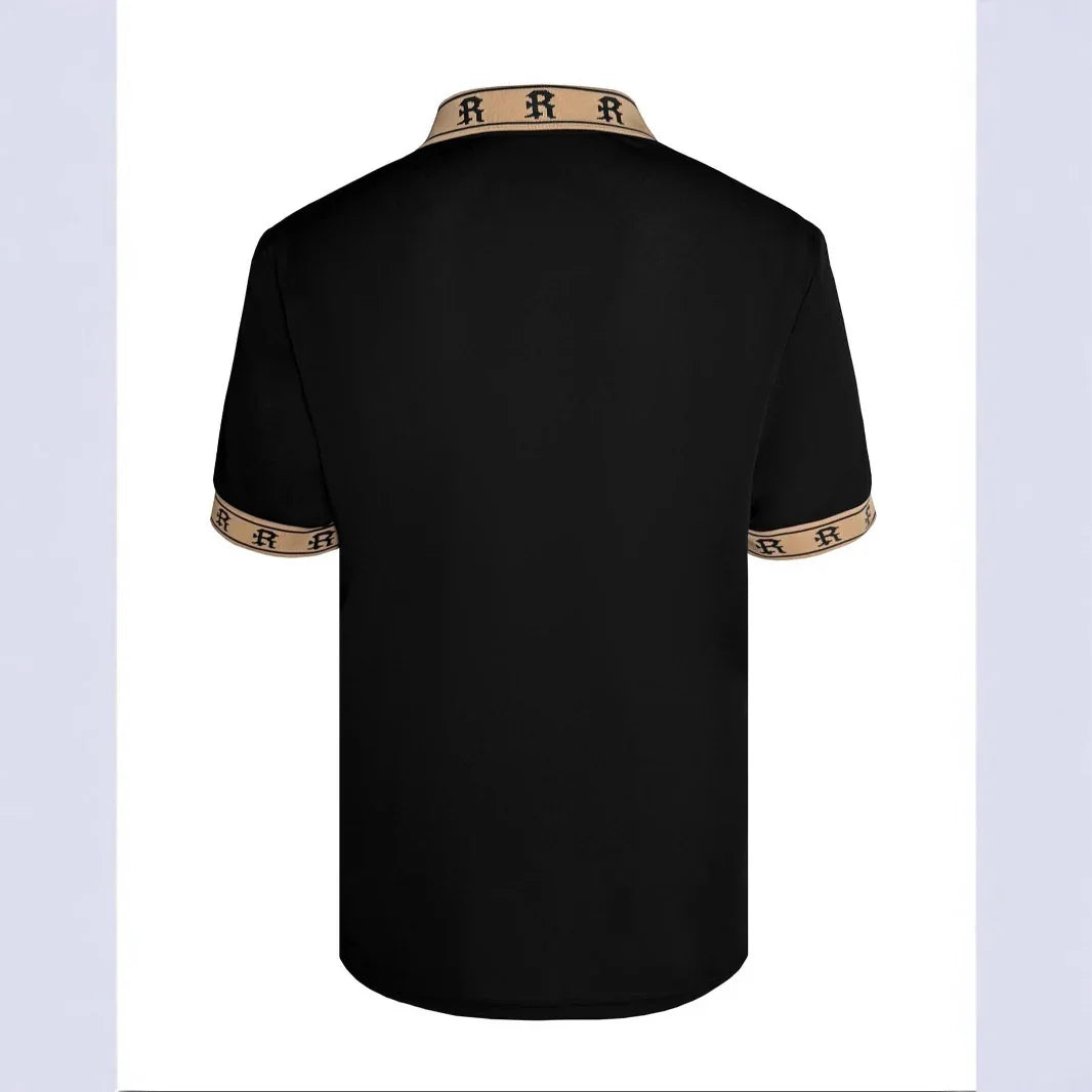 Black polo shirt with beige trim on a white background