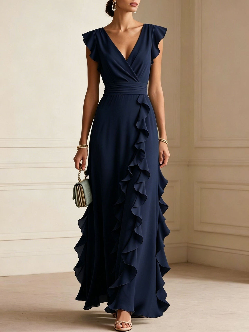 Woman wearing a navy blue evening gown with ruffled details in an indoor setting.
